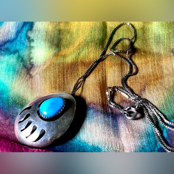 Vintage Native American Sterling Shadowbox Sleeping Beauty Turquoise Bear Paw - Picture 9 of 11